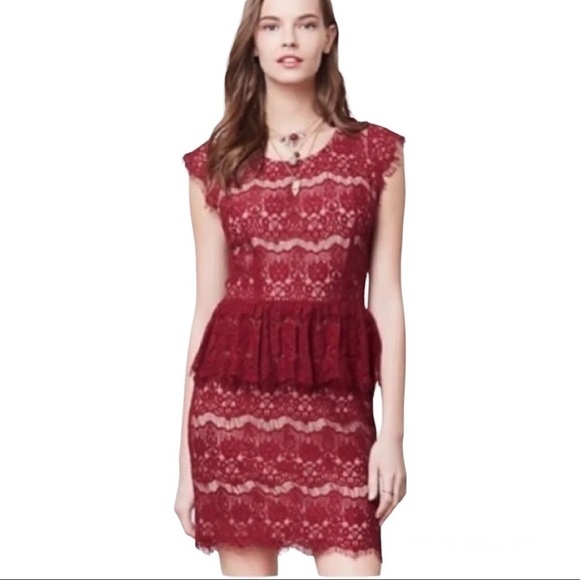 Anthropologie Maeve Burgundy Elsa Lace Peplum Cocktail Dress Size XS - Picture 1 of 15